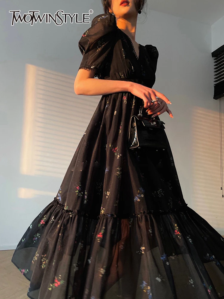 

TWOTWINSTYLE Elegant Printing Dresses For Women V Neck Puff Sleeve High Waist Patchwork Folds Temperament Dress Female Fashion