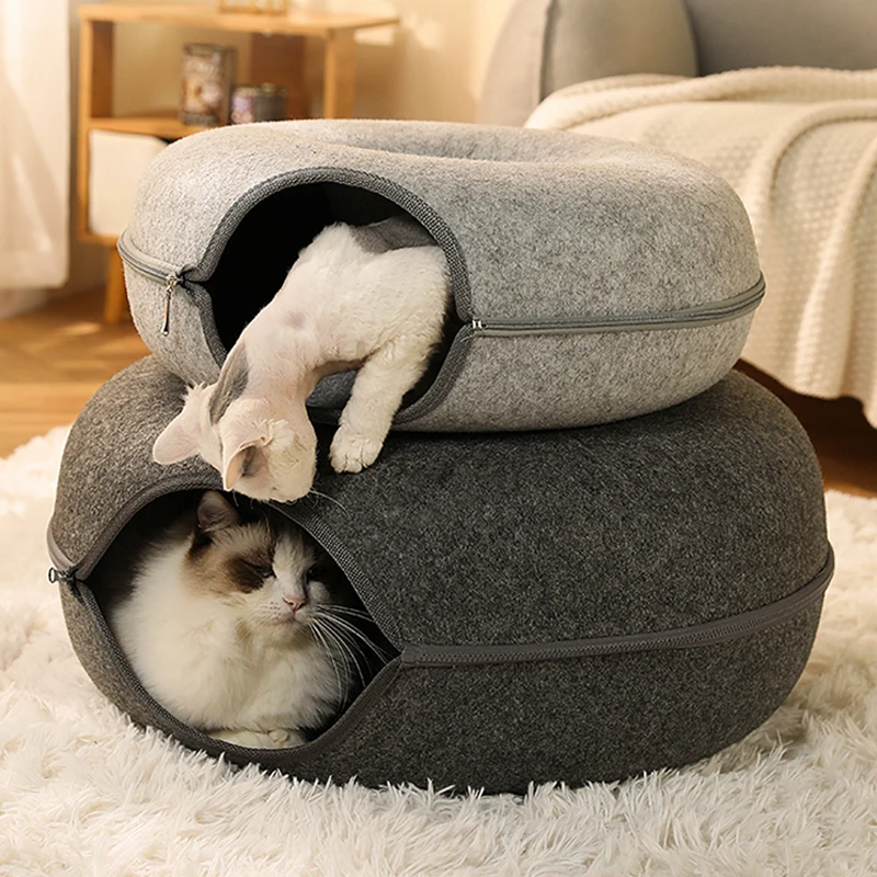 

Cat Round Donut Bed with Zipper Cat House Basket Natural Felt Rabbit Cave Nest Funny Interactive Pet Tunnel Toy Cat Accessories