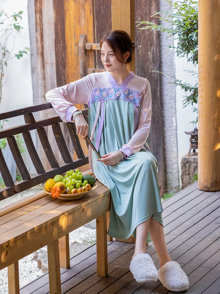 National Style Home Wear Autumn and Winter Thin Type Ancient Style Chinese Style Han Chinese Clothing Pajamas Women's Nightdress