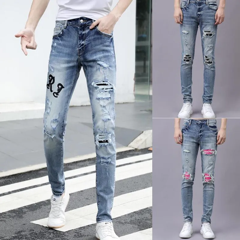 

2022 Blue Hole Amir Letters, Straight Fit Stretch Slim Pencil Pants Men's Jeans Fashionable Sexy Design