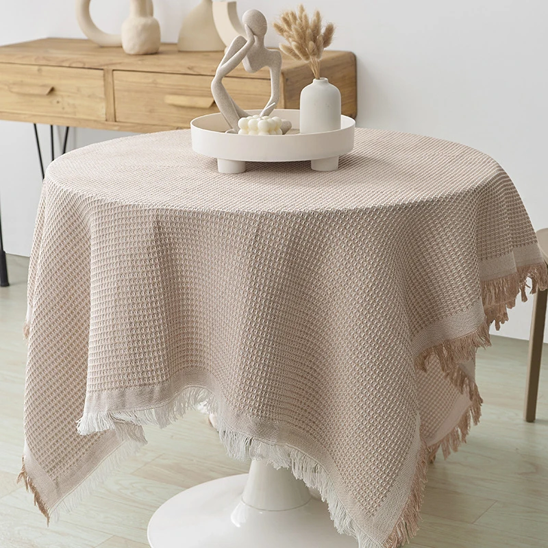 

French Tablecloth Ins Wind Japanese Cotton Linen White High-end Light Luxury Coffee Table Round Table Tablecloth Bedside Table C