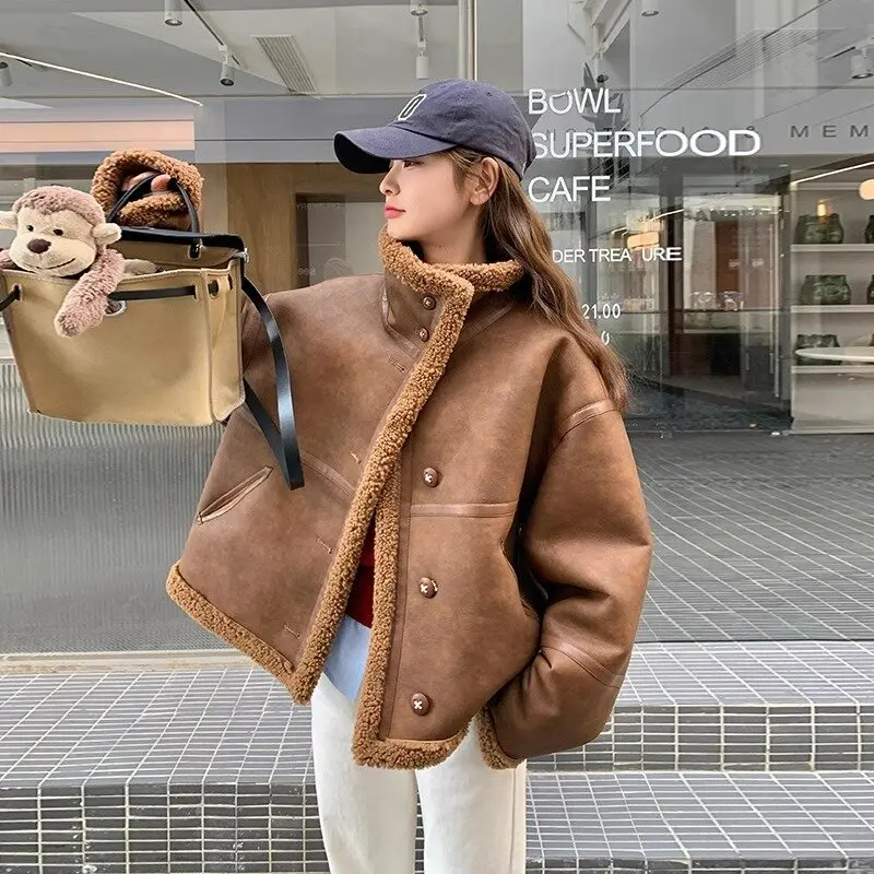 2024 Autumn and Winter New Double-sided Wear Fur Integrated Lamb Wool Outerwear Women Short Maillard Design Sense Motorcycle ...