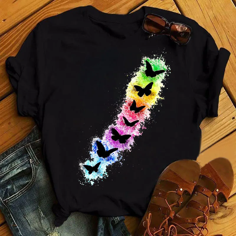 

Color Butterfly Print Ladies Fashion Top Women Beautiful Butterfly Casual Round Neck T-Shirt Ladies Top
