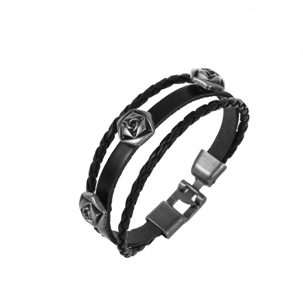 Классический черный кожаный браслет регулируемый размер розовый для мужчин
