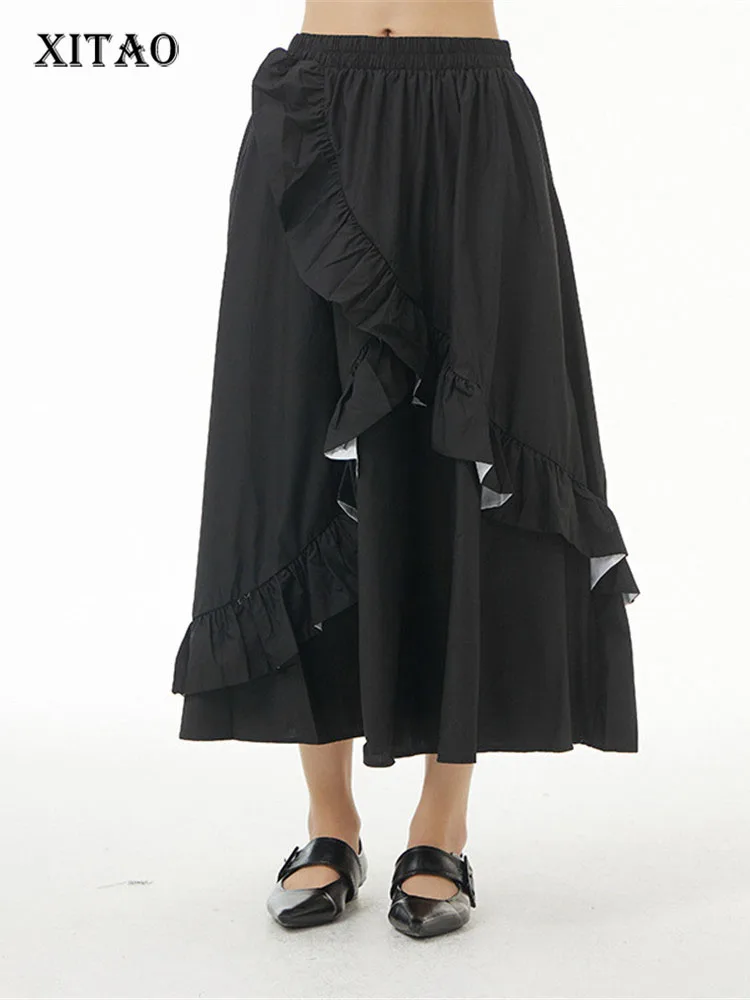 

XITAO Black Skirt Ruffle Pleated Hit Color Small Fresh Irregular 2022 Summer Goddess Fan Casual Style Loose Skirt WMD5534