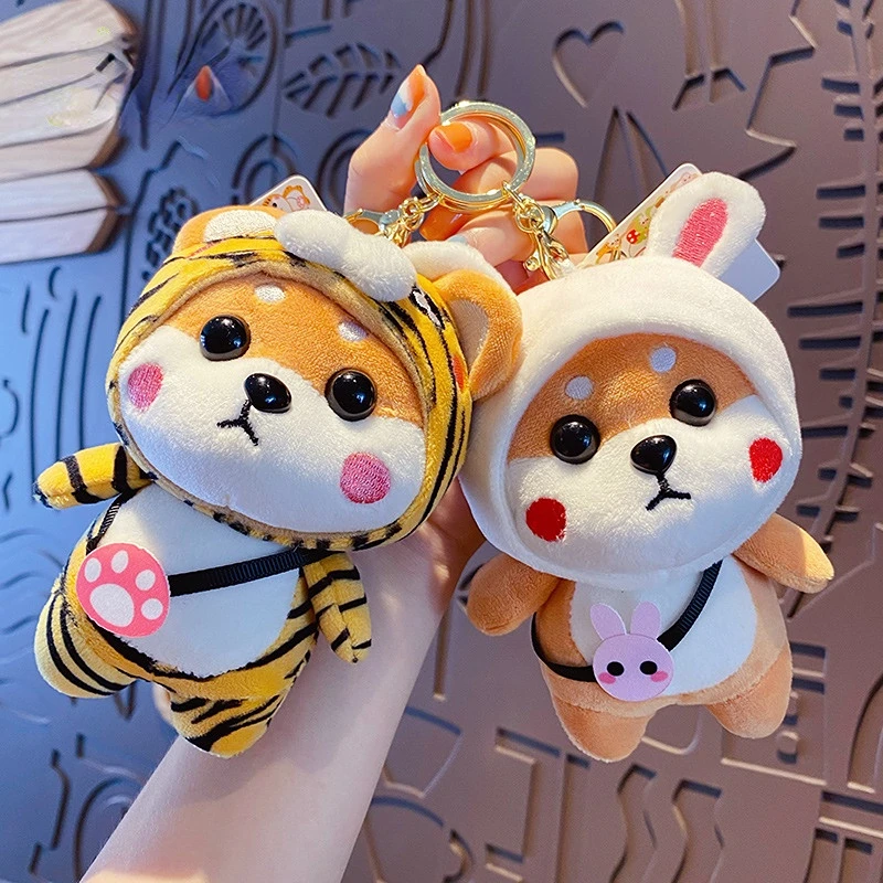 

Cute Plush Tiger Pattern Coat Shiba Inu cat rabbit Dog Keychain Cartoon Doll Animal Car Keyring Women Toy Pendant Keyfob Gifts