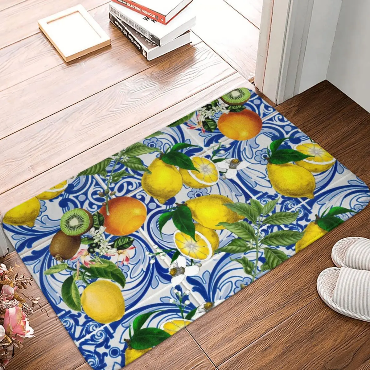

Home Mediterranean Lemon On Blue Ceramic Tiles Doormat Mat Rug Anti-Slip Floor Decor Bath Bathroom Kitchen Carpet In The Hallway