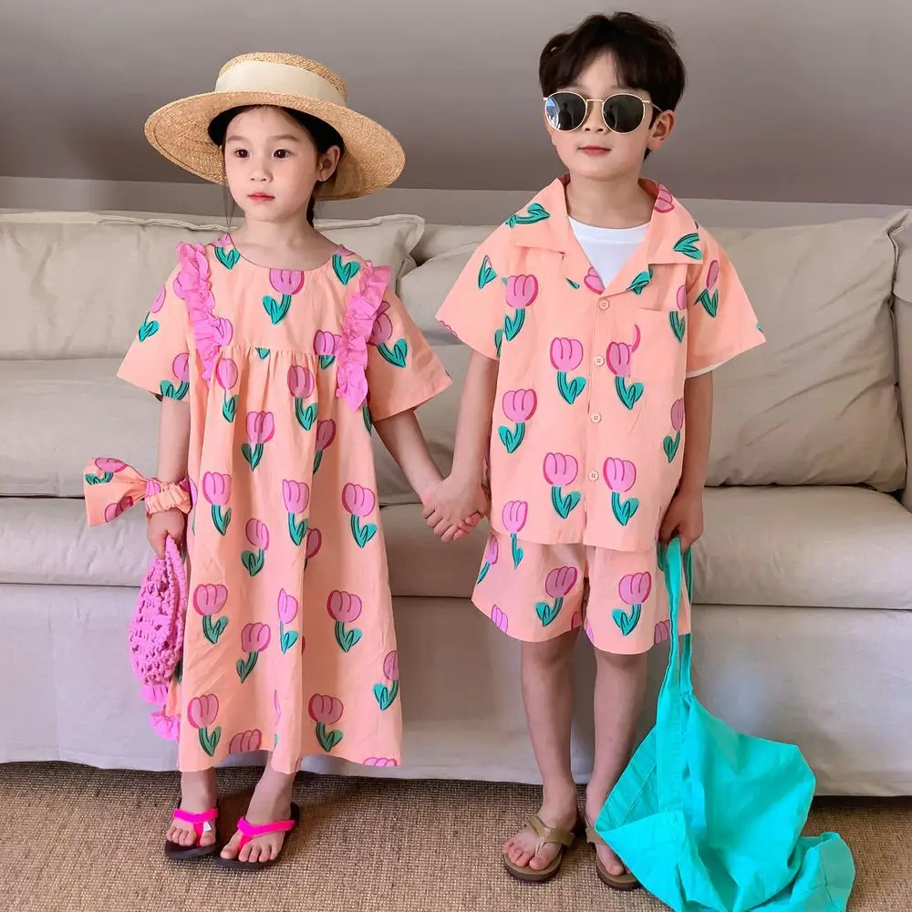 

2023 Summer Brother Sister Outfits Kid Boy Tulip Print Short Sleeves Shirt + Shorts 2pcs Girl Baby Sweet Flower Princess Dress