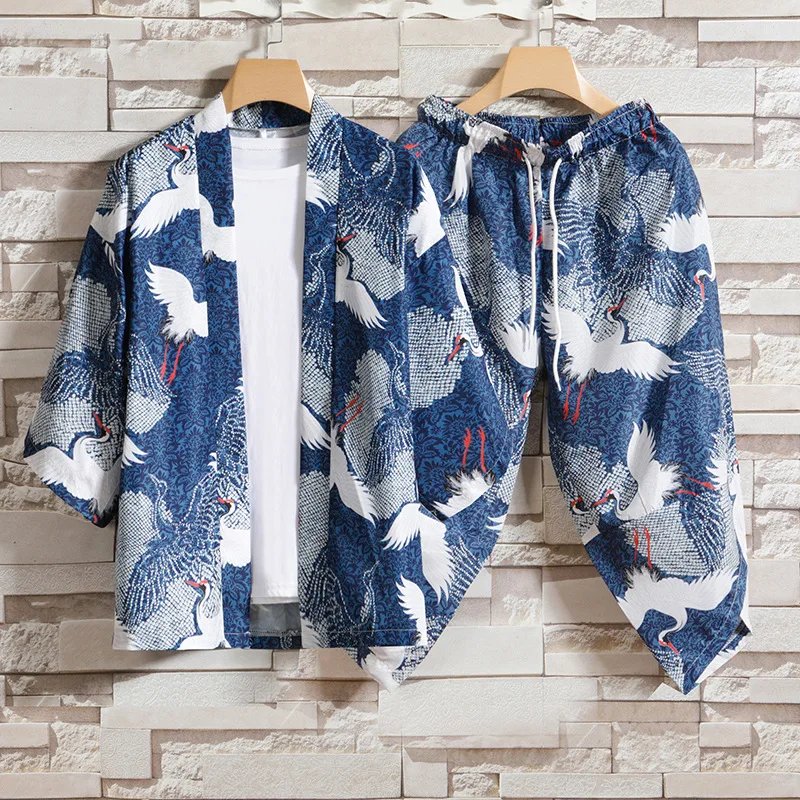

Men Print Crane 2PCS Robe Pajamas Sets Cotton Large Size Loungewear Beach Style Kimono Pyjamas Suit Cardigan Lingerie Home Wear