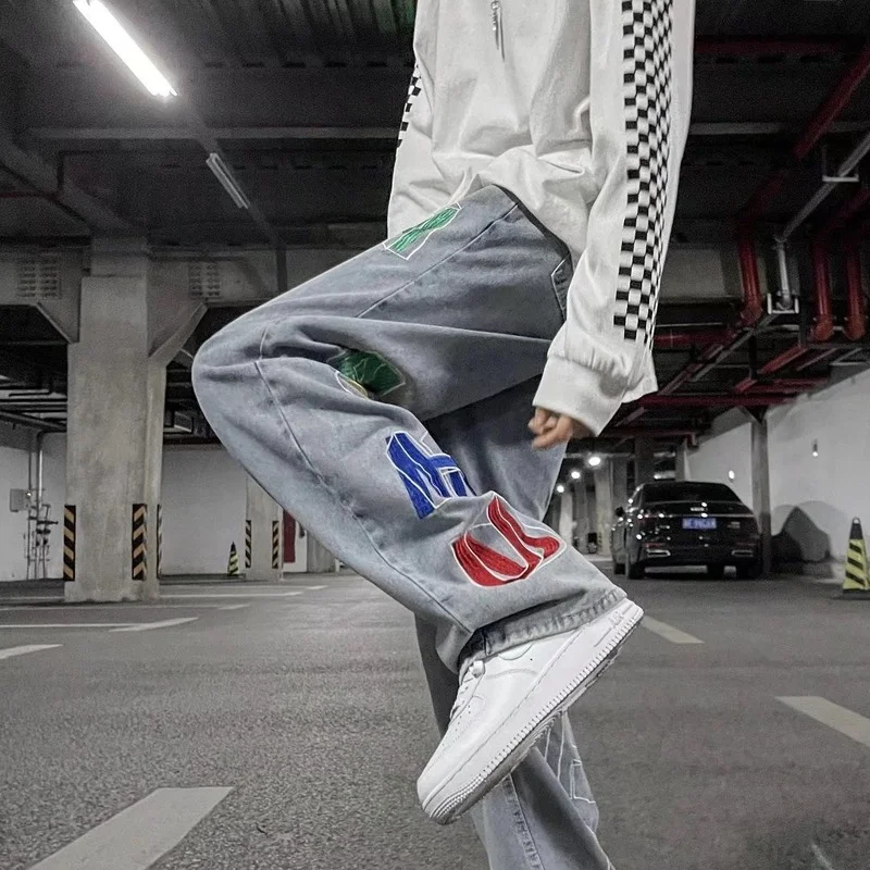 Men's Denim Pants Fashion Loose Wide Leg Jeans Casual Streetwear Printed Cross Trousers Pure Cotton Pants Baggy Men Jeans