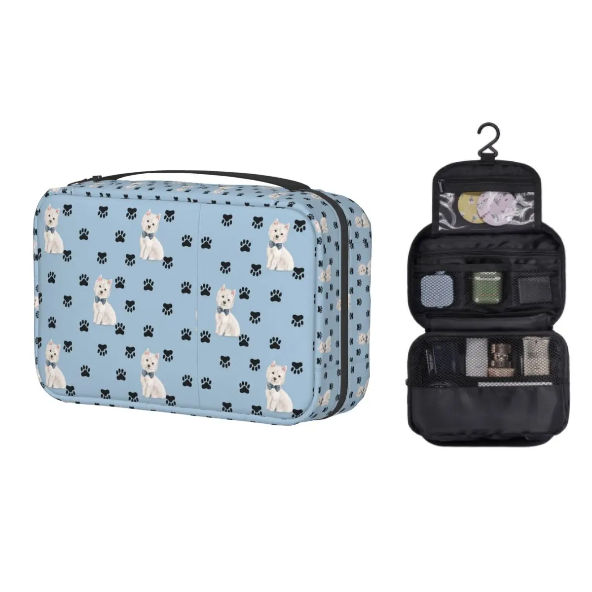 

West Highland White Terrier Paw Print Pattern Toiletry Bag Westie Dog Makeup Cosmetic Organizer Ladies Storage Dopp Kit Box