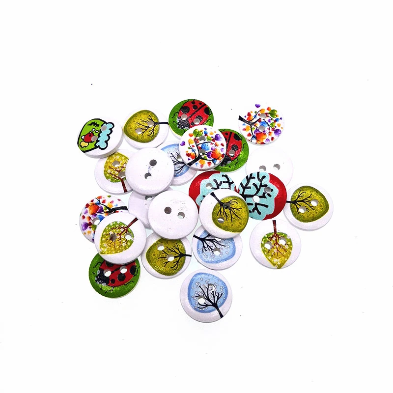 

50PCs Wood Sewing Buttons Scrapbooking 2 Holes Tree Mixed Random 15mm Dia. Costura Botones Decorate bottoni botoes B20430