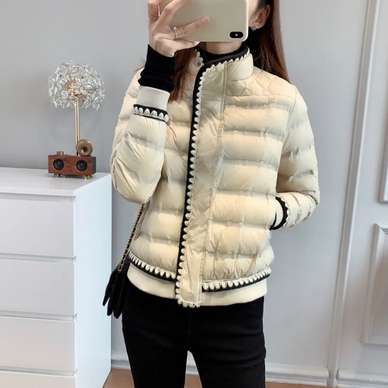 

Thick Warm Snow Parkas Winter Female White Duck Down Coats Women Stand Collar Zipper Lace Solid Color Jackets Short Outerwear