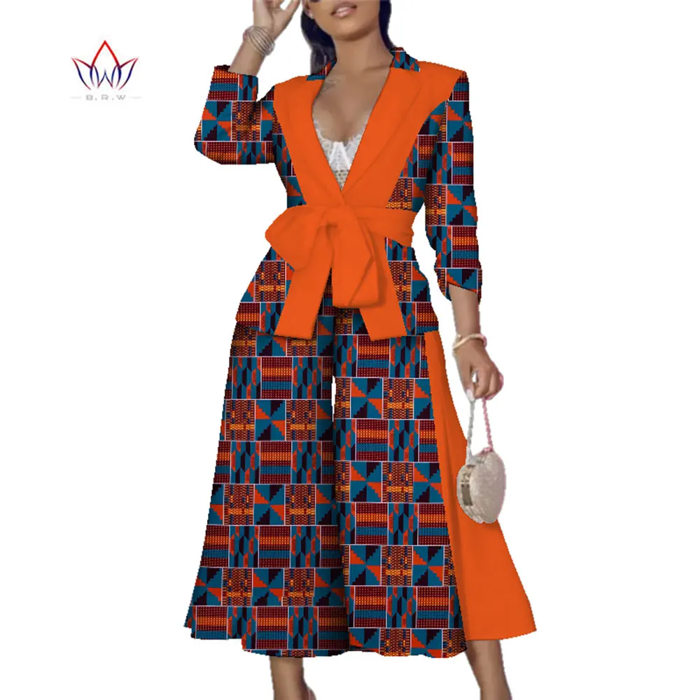 African 2 Pieces Outfits Set for Women Sexy Deep V-neck Lace Up Jacket Tops and Wide Leg Pants Fashion Blazer Suits Wy4955
