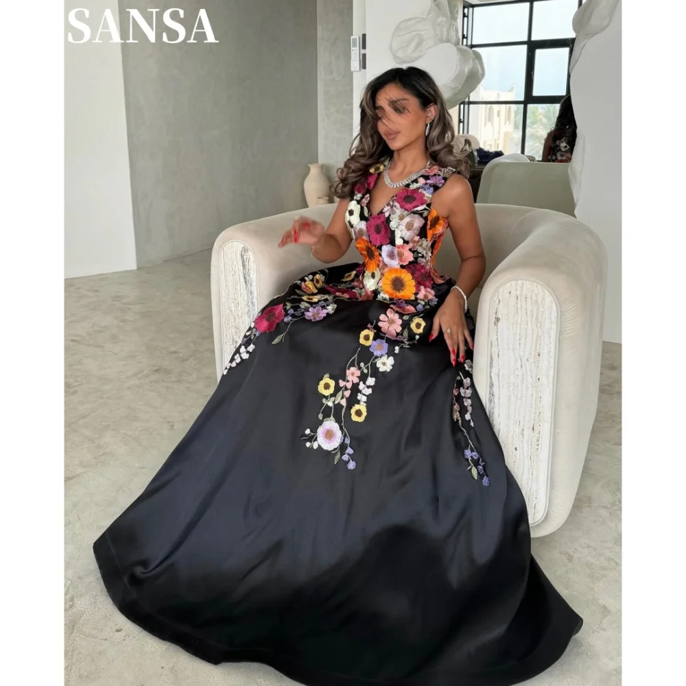 Sansa Элегантное атласное вечернее платье трапециевидной формы с цветочной