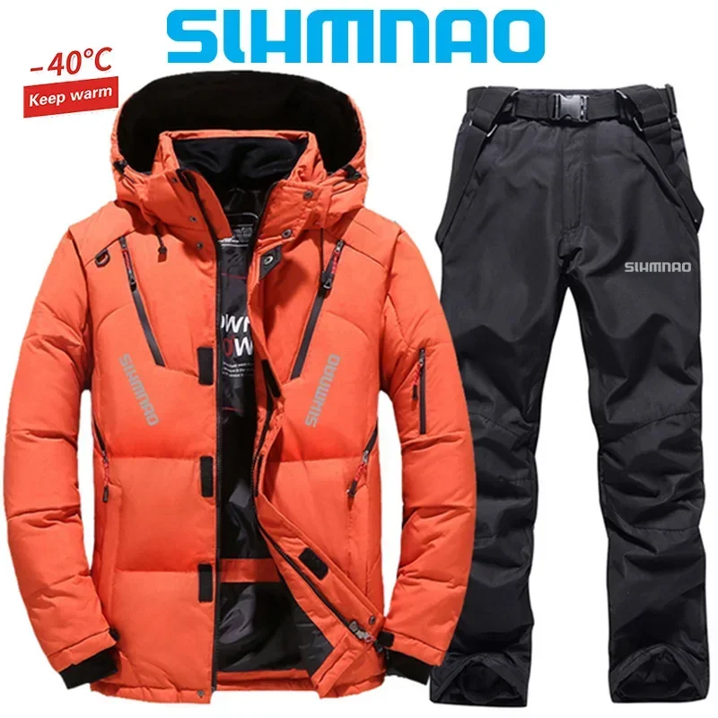 

Winter Fishing Suit Men's Warm Goose Down Jacket Windproof Skiing Down Mountaineering Hunting Sportswear Bib Pants Fishing Suit