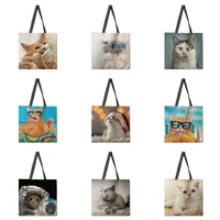 cartoon cat dog printed womens handbag folding reusable shopping bag linen handbag