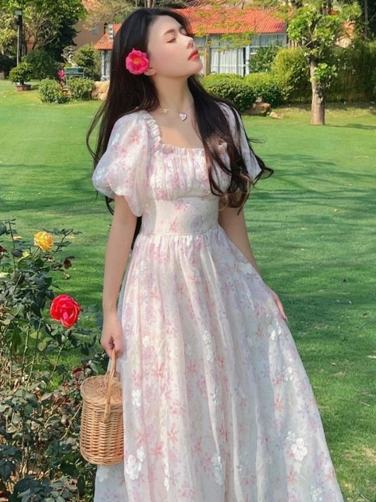 

Summer Chiffon Floral Elegant Midi Dress Women Casual Puff Sleeve Sweet Princess Dress Female Vintage Lace Vacation Dresses 2022