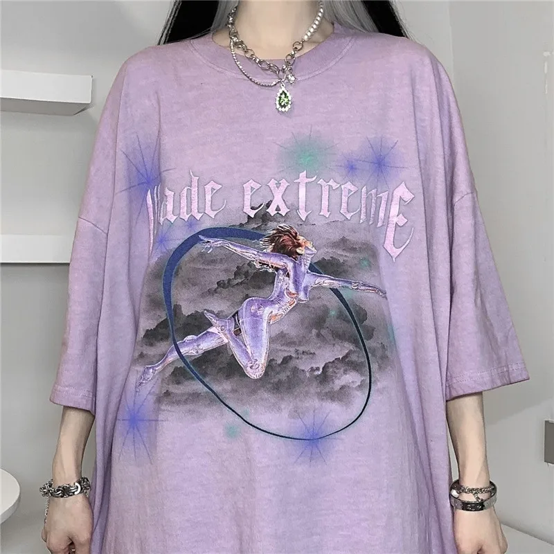 

High Street Purple T-Shirt Women 2022 Summer New Fashion Print Tees Loose Oversized Short-Sleeved Top