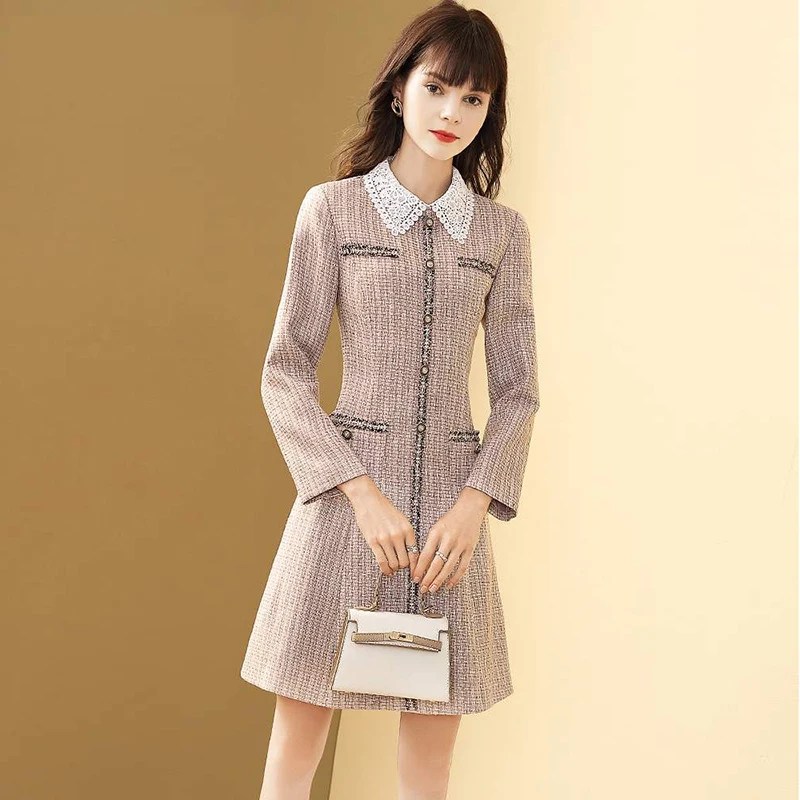 

Pink Elegant Tweed Dress Women Long-sleeved Autumn Peter pan Lace Collar Slim Single Breasted Dress Office Lady Robe
