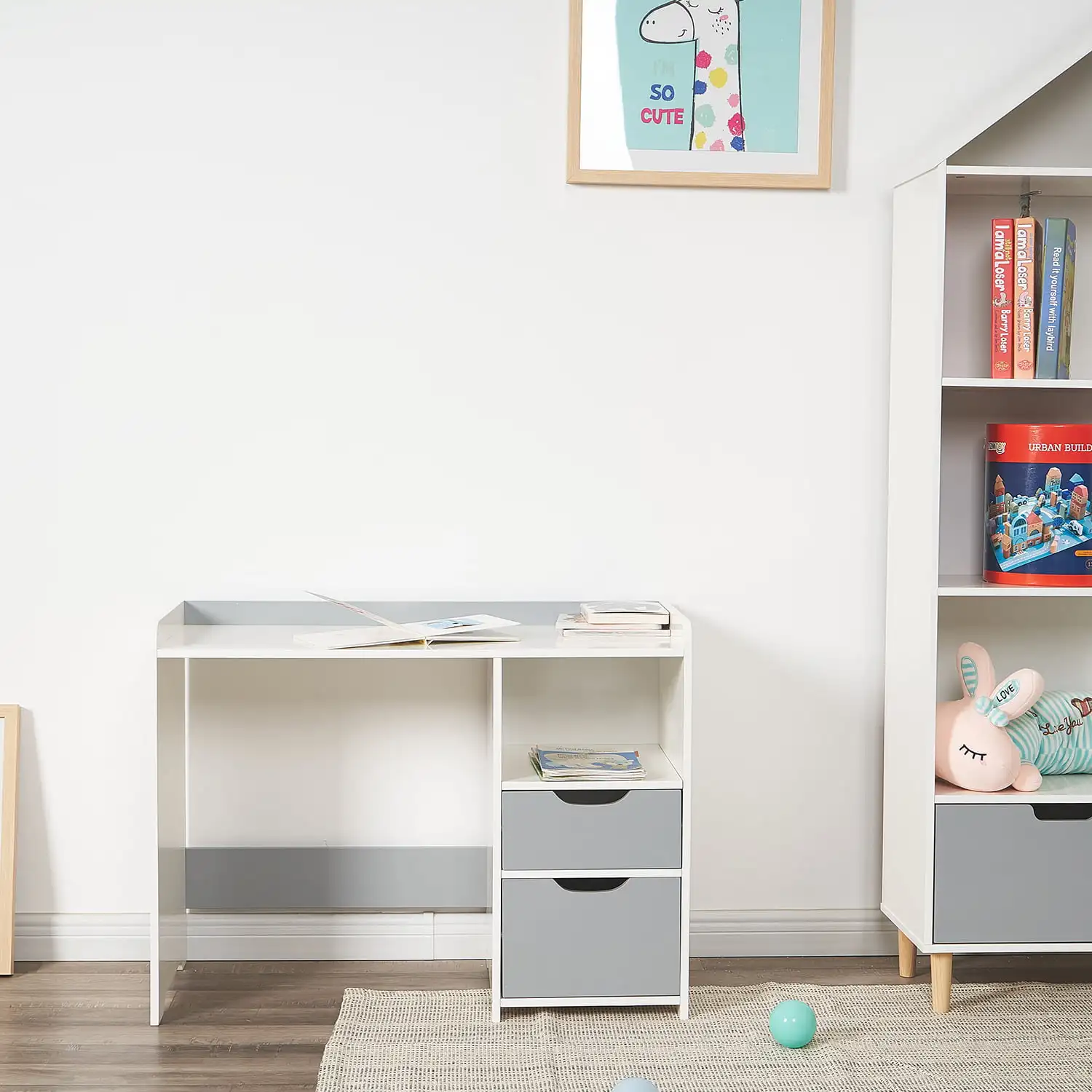 

Unbrand Kids Wooden Desk, Kids Computer Desk, Has Drawer, White and Gray