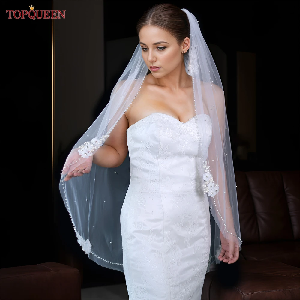 Фата на кончик пальца TOPQUEEN элегантная Однослойная Свадебная с жемчужинами и