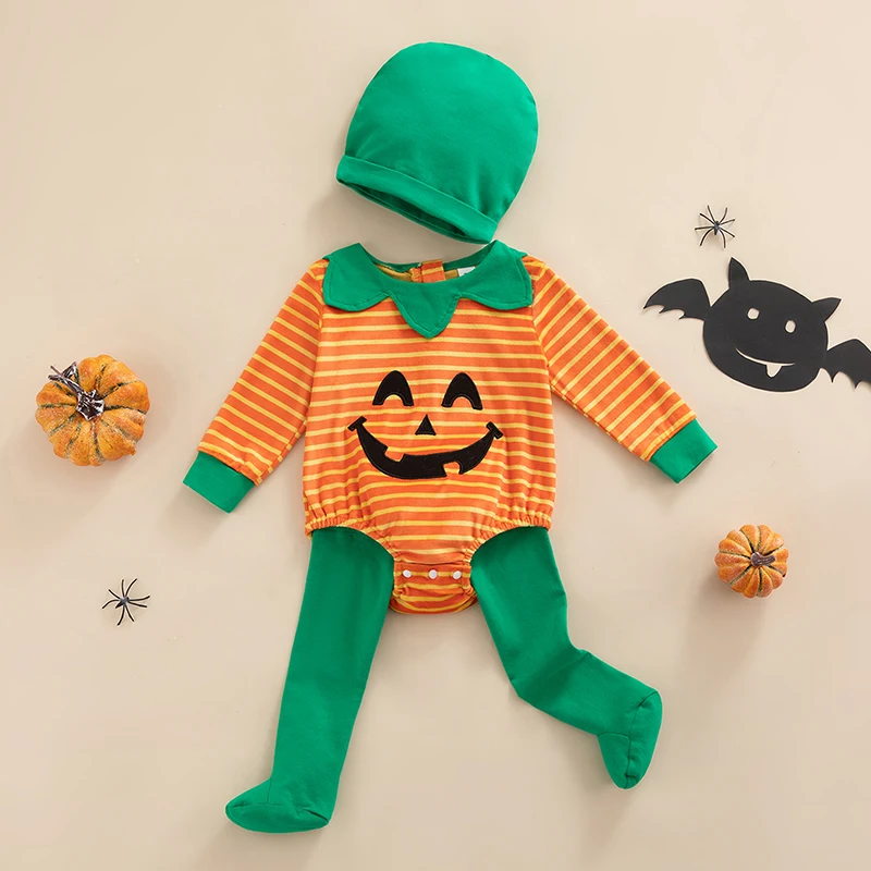 

0-24M Infant Boy Girl Romper Sets Baby Round Neck Long Sleeve Halloween Pumpkin Printed Striped Romper + Hat + Legging 3pcs Suit