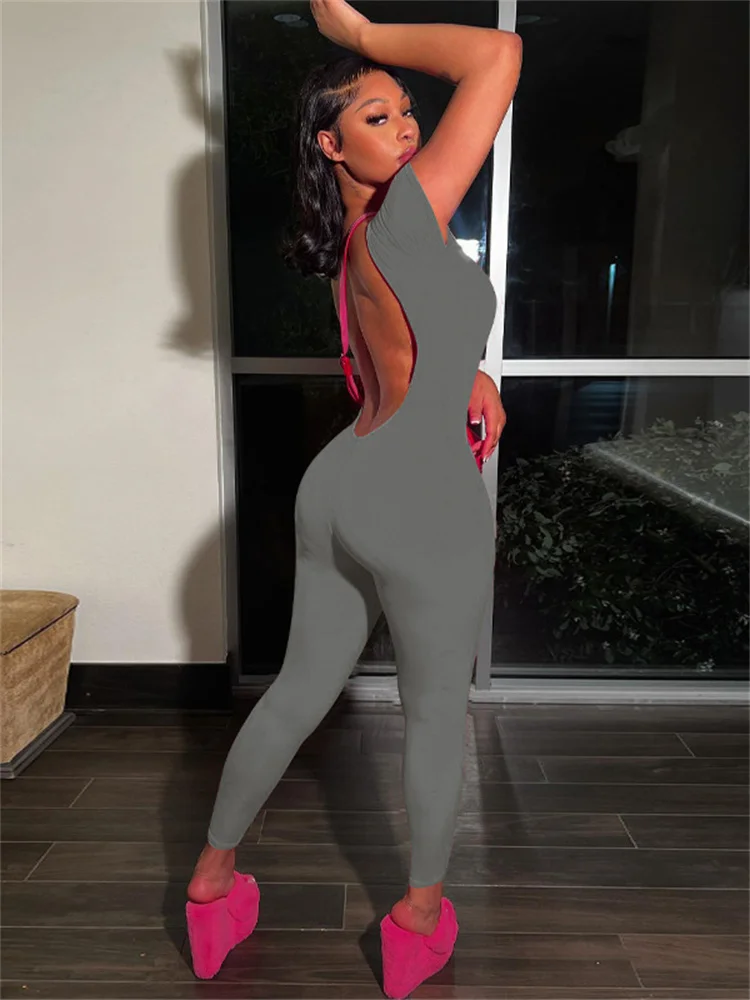 Simenual Solid Short Sleeve Jumpsuits Women Sexy Skinny Backless Bodycon Overalls Fashion Basic Playsuit Sportwear Culb Jumpsuit