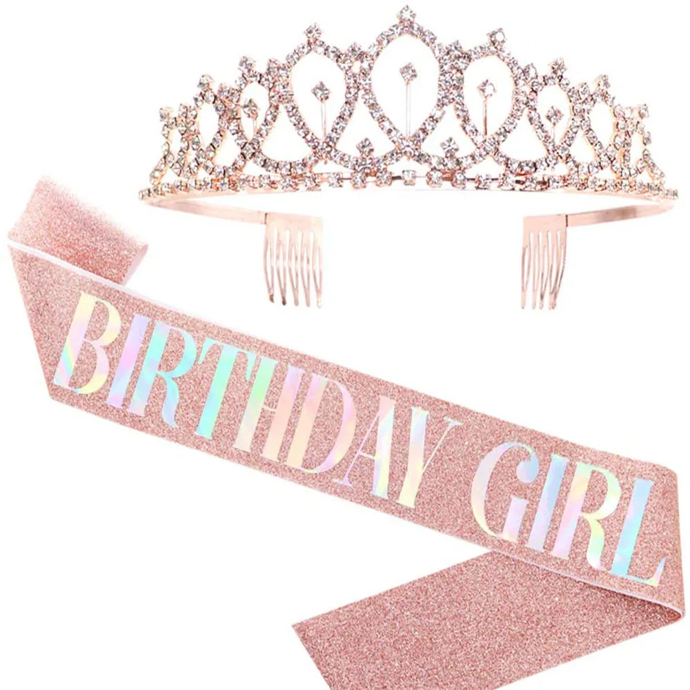

Birthday Party Decor BIRTHDAY GIRL Satin Ribbon Etiquette Belt Rose Gold Strap Headband Crown Decoration Supplies Accessories