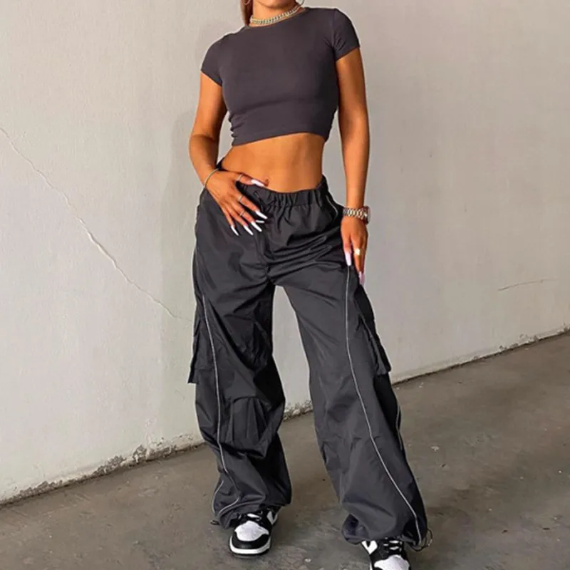 

2022 Baggy Trousers Women Side Pockets Streetwear Cargo Pants Contrast Stitching Casual Loose Wide Leg Sweatpants