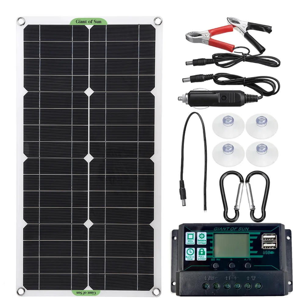 

100W Solar Panel with 30A/60A/100A Controller Dual USB Charging Solar Cell 12V 24V Solar Battery for Car/RV/Boat Phone Charger