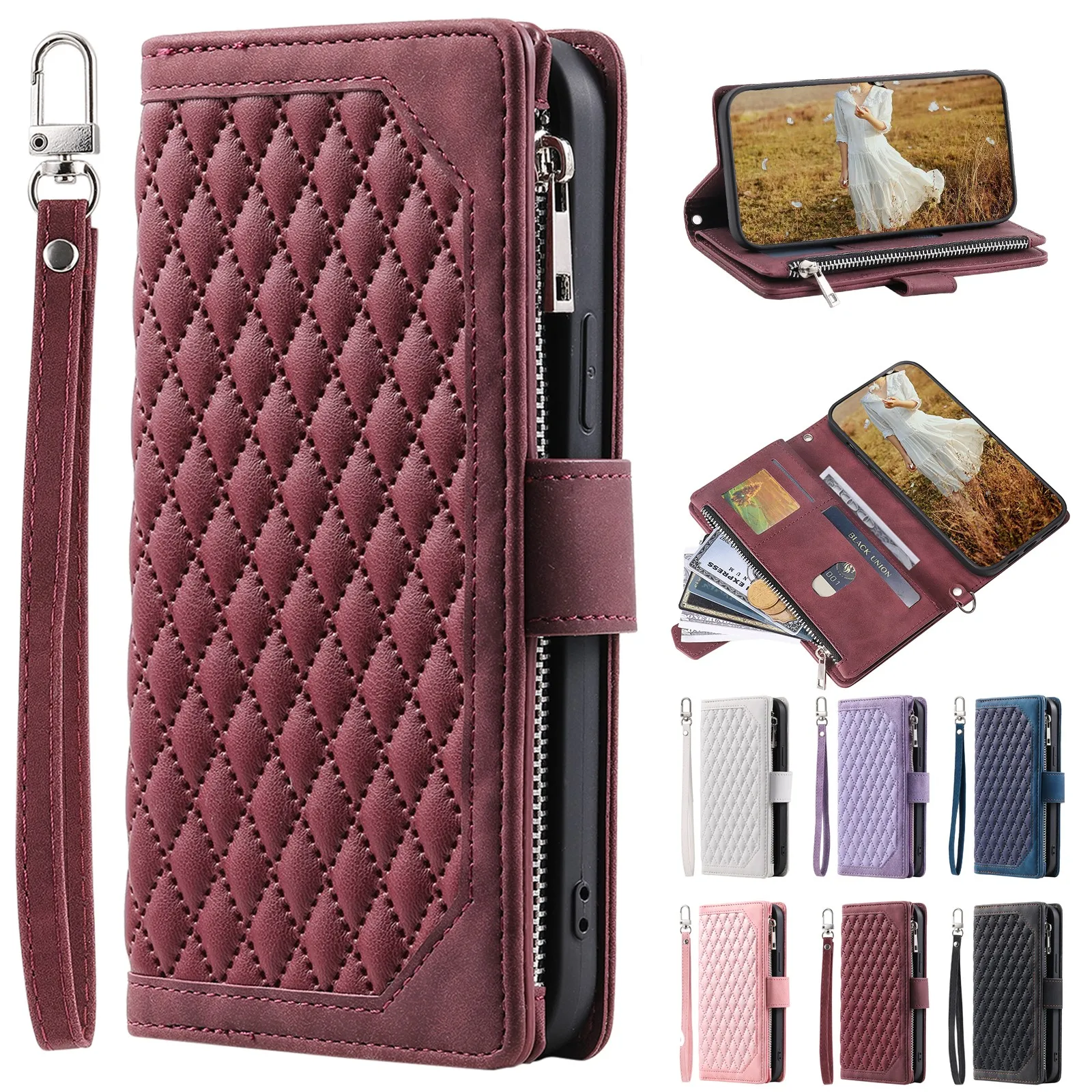 

New Style Rhombic Leather Case for Redmi Note 12 11S 10S 9S 9 8 7 Pro 11E 10C 10A 9C 9A 11A 10T 9T 8T A1 Lanyard Zipper Wallet C