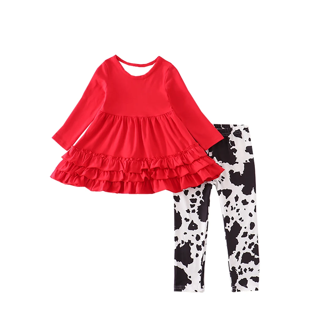 

Boutique Fall/winter Baby Girls Set Children Red Long Sleeve Tunic Cow Print Leggings Outfit Kids Clothing