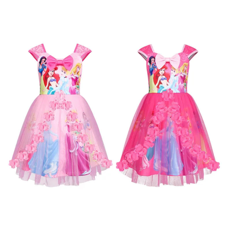 

Кавайное детское мультяшное Сетчатое платье принцессы для девочек летнее аниме диснеевские милые детские платья с сердечками женские подарки
