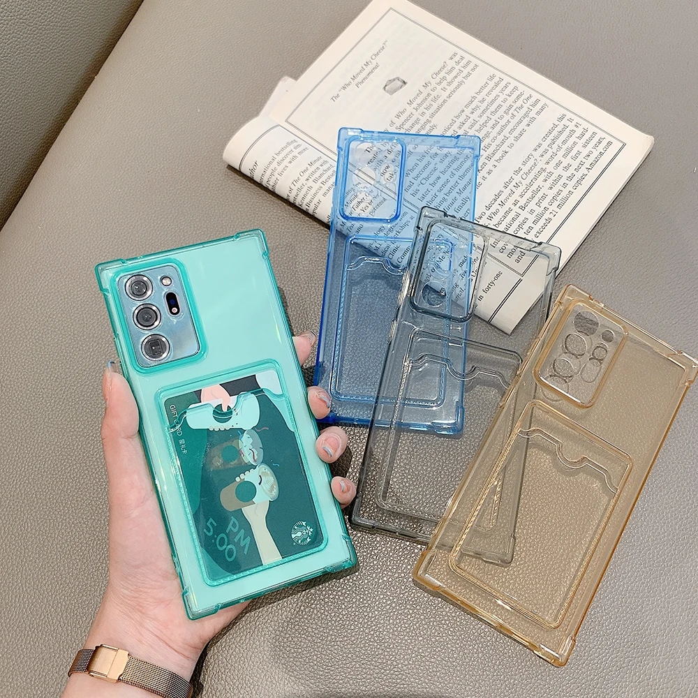 

For Samsung Galaxy S10 S20 S21 Plus Note 20 Ultra A12 A22 A32 A42 A52 A72 A82 Card Holder Phone Case Soft TPU Transparent Cover