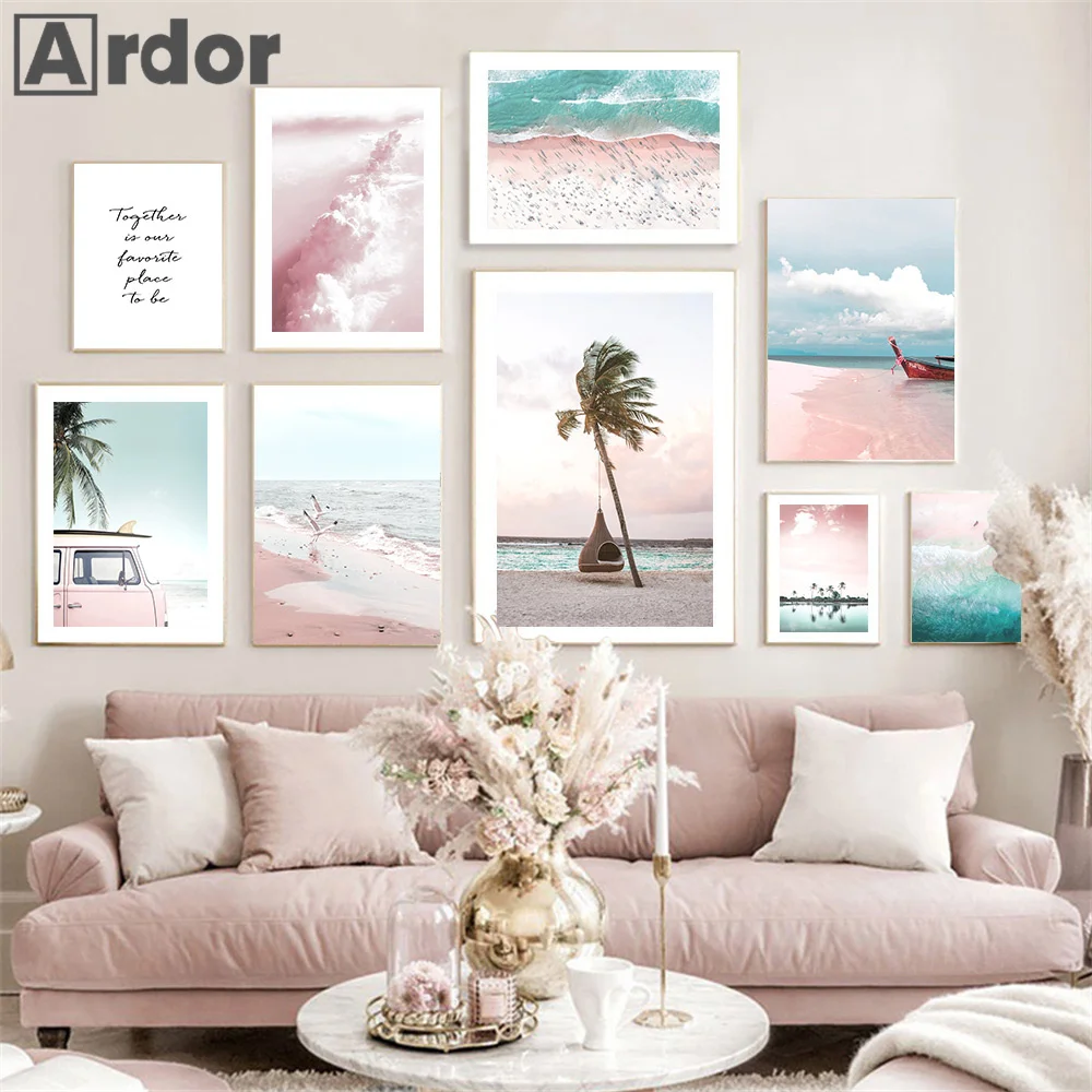 

Pink Beach Sea Waves Wall Poster Palm Tree Canvas Painting Ocean Landscape Art Print Nordic Wall Pictures Living Room Home Decor