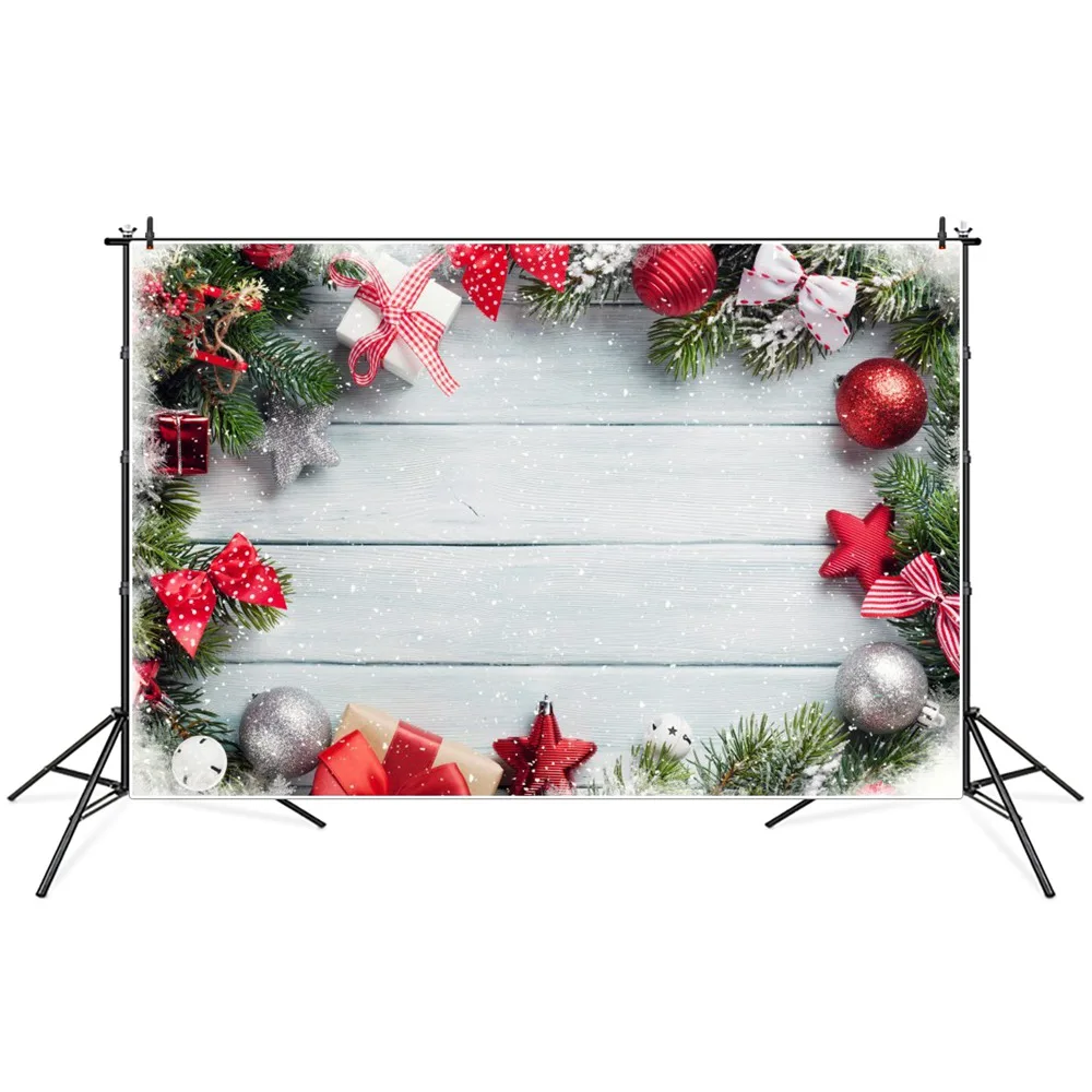 

Christmas Pine Stars Gifts Balls Wooden Planks Boards Photography Backdrops Custom Baby Party Decoration Photo Booth Backgrounds
