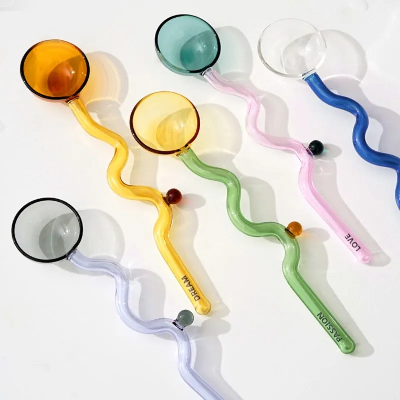 

1Pcs Glass Scoop Heat Resistant Color Round Head Round Glass Coffee Milk Stir Bar Dessert Spoon Scoop Of Glass