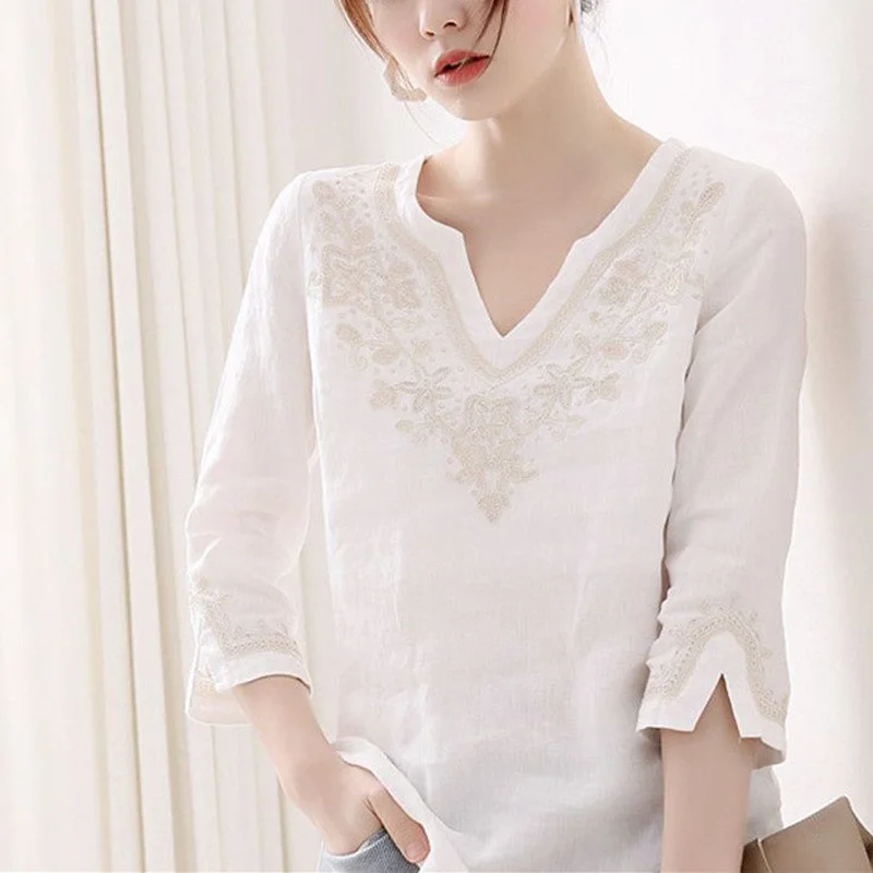 

Fashion V-Neck Solid Color All-match Embroidery Blouse Women's Clothing 2023 Summer New Casual Pullovers Tops Loose Korean Shirt