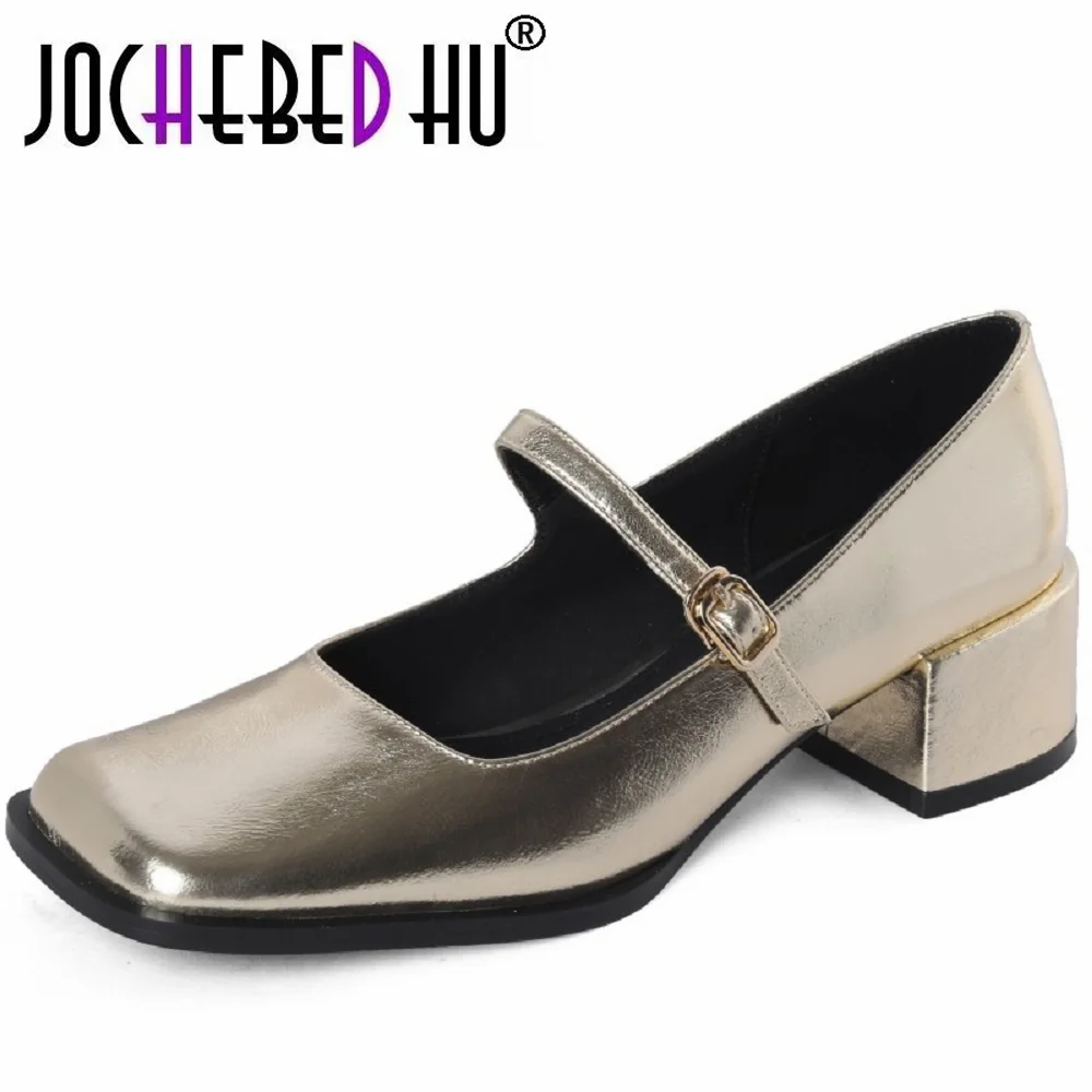 

【JOCHEBED HU】Women Spring Summer Vintage Concise Office Casual Genuine Leather Square Toe Thick Heels Mary Janes Shoes 33-40