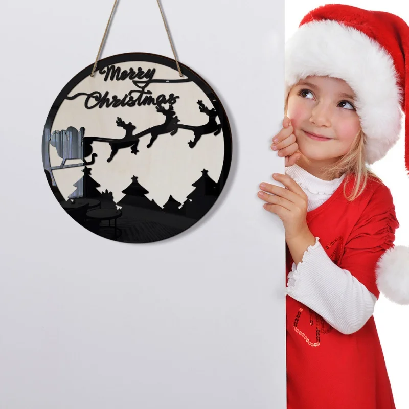 

[Home Decorations] Mz065 Cross-Border Three-Dimensional Christmas Sleigh Snowman Wooden Pendant Holiday Party Porch Mirror Ornam
