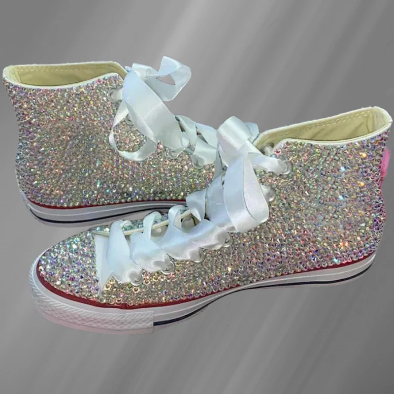 

Color Rhinestone High-Top Canvas Shoes White Ribbon Comfortable Walking Handmade Rhinestone Unisex Vulcanized Shoes 35-46