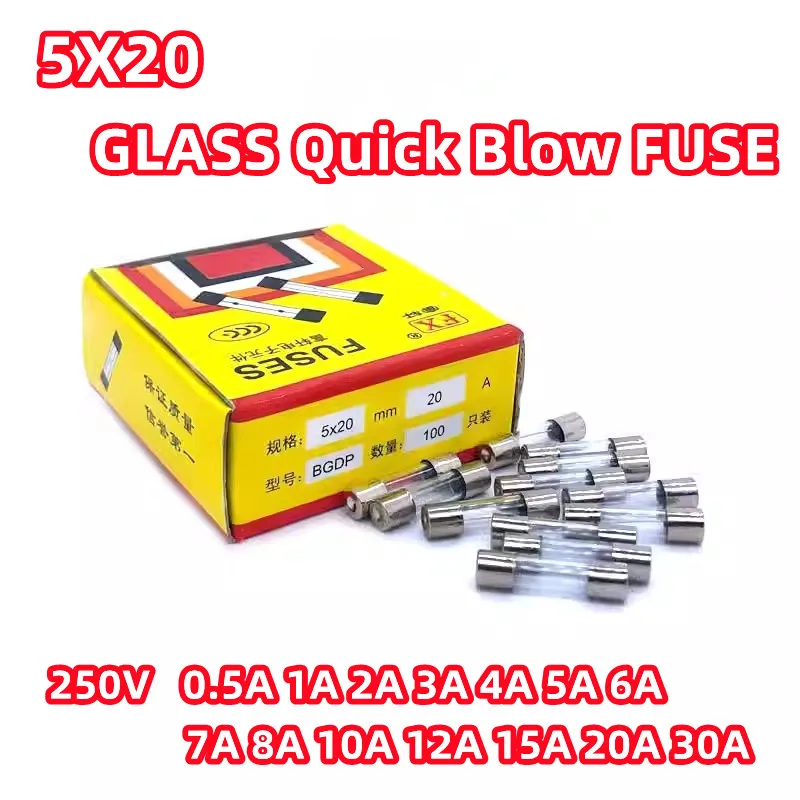 100 шт. стеклянный быстрораздувной предохранитель 5*20 5X20 250 в а 1 А 2 3 4 5 6 7 8 10 15 20