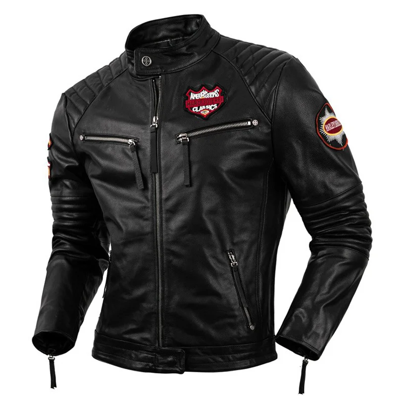

Мужская мотоциклетная куртка с вышивкой черепа, куртка из натуральной воловьей кожи, пальто для езды на мотоцикле, куртка-бомбер, одежда для...