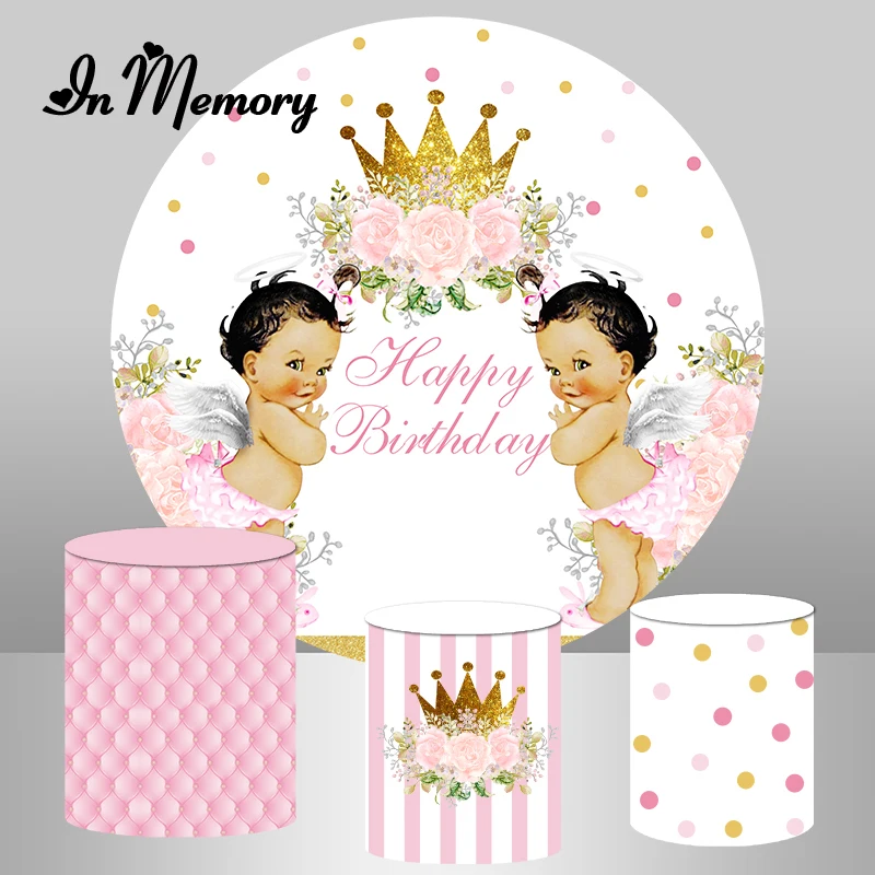 

Королевская принцесса малыш Ангел девочка первый день рождения Круглый фон Обложка Корона розовые цветы фон десерт стол Баннер