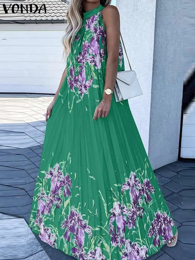 

2023 летний сарафан VONDA, женское богемное платье, сексуальное праздничное платье с лямкой на шее, Пляжное повседневное Макси платье без рукавов с цветочным принтом