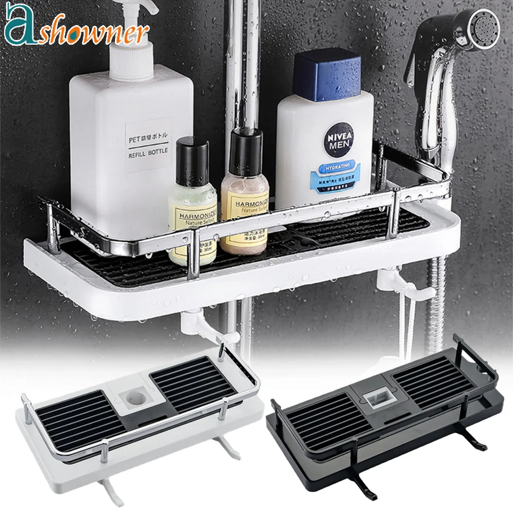

Shower Storage Holder Bathroom Shelf Pole Shelves Shampoo Tray Stand No Drilling Lifting Bathroom Shower Storage Rack Organizer