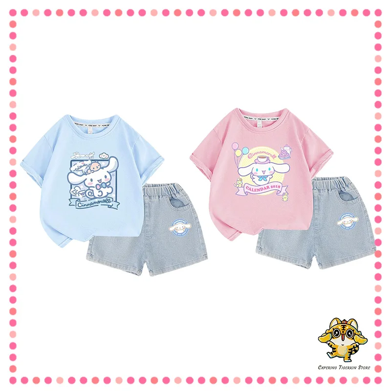 

Футболка и шорты Sanrio, милый картонный комплект из двух предметов для девочек, джинсовая хлопковая летняя спортивная одежда, подарок для детей