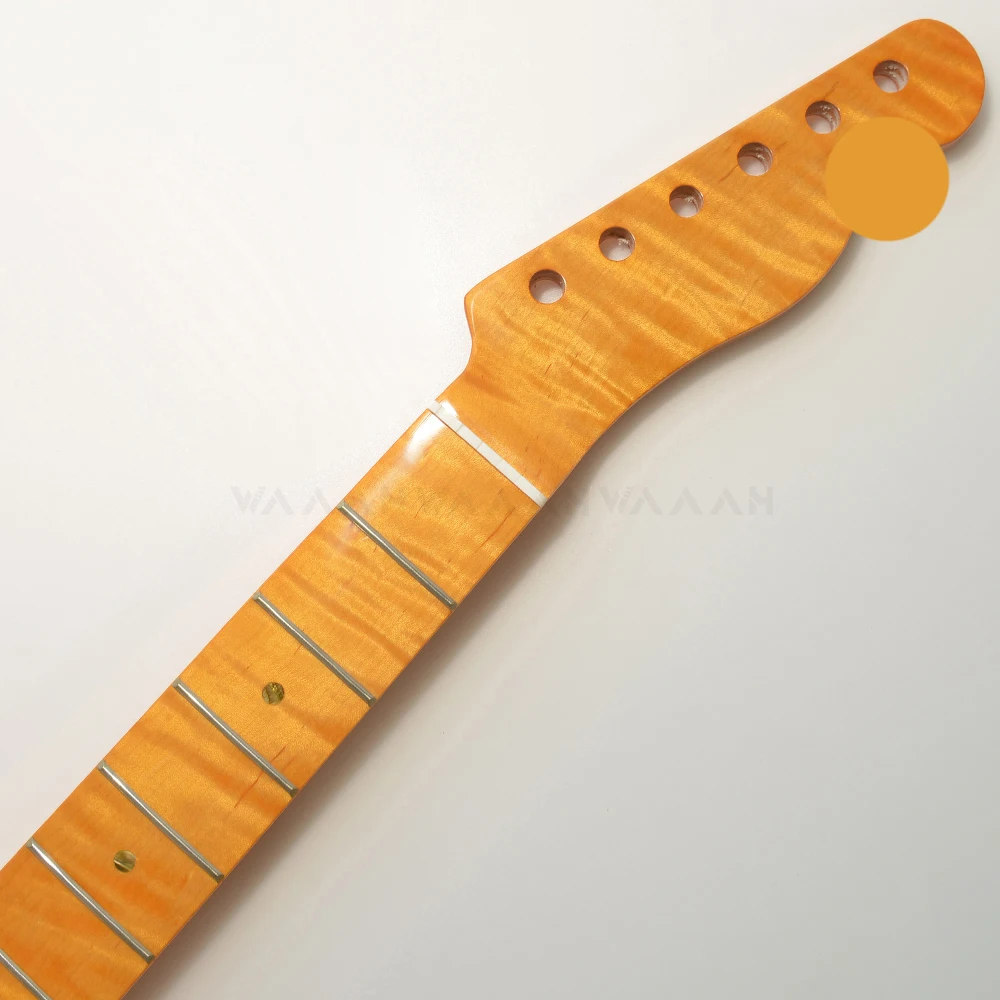 High Quality 21 Frets Tele Guitar Neck Canadian Maple Tiger Flame Yellow High Gloss For Electric Guitar Replacement enlarge