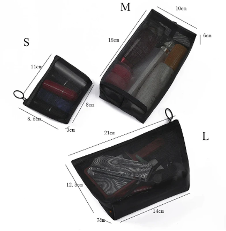 Transparent Mesh Makeup Case Organizer Storage Pouch Casual Zipper Toiletry Wash Bags Make Up Women Travel Cosmetic Bag 3PC